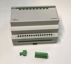 F&amp;Home mH-R8x8.2 building automation controller with detached green connectors.