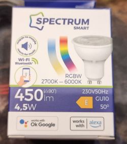 Packaging of Spectrum Smart LED 4.5W RGBW GU10 Bulb Box of Spectrum Smart LED RGBW GU10 4.5W bulb with Wi-Fi and Bluetooth features.