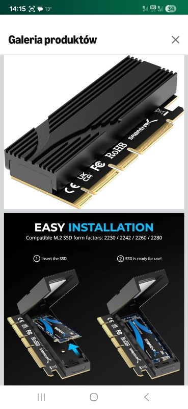 Adapter Sabrent M.2 PCIe z radiatorem, pokazany z zamontowanym dyskiem SSD