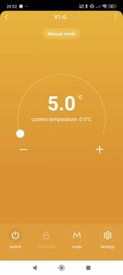 Tuya app thermostat interface set to 5.0°C, current temperature 0.0°C