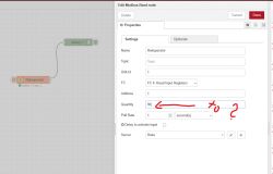 Screenshot of Node-RED editor configured for a Modbus node with the quantity field set to 90.