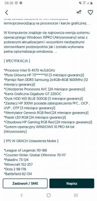 Specyfikacja komputera z opisem komponentów i wydajności w grach.