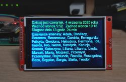 Color LCD ILI9488 displays date, sunrise and sunset info, and name days