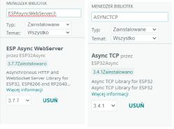 Screenshot showing Arduino Library Manager with ESP Async WebServer version 3.7.7 and Async TCP version 3.4.1 installed.