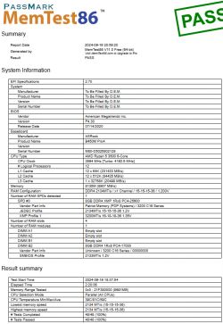 Wyniki testu pamięci MemTest86 bez błędów.
