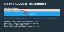 Screenshot of the OpenBK7231N device configuration panel with a field for entering the web app URL.