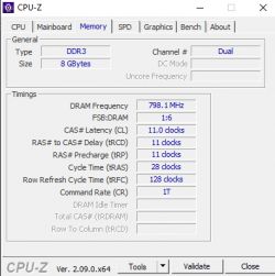 Okno programu CPU-Z przedstawiające szczegóły pamięci RAM DDR3, 8 GB, z kanałem Dual.