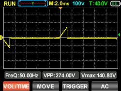 Oscilloscope screenshot showing voltage waveform for MoesGo MS-105B dimmer module.