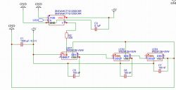 Schematic fragment: SN74AHCT1G125 buffer and three WS2812B LEDs with capacitors on a 5 V supply
