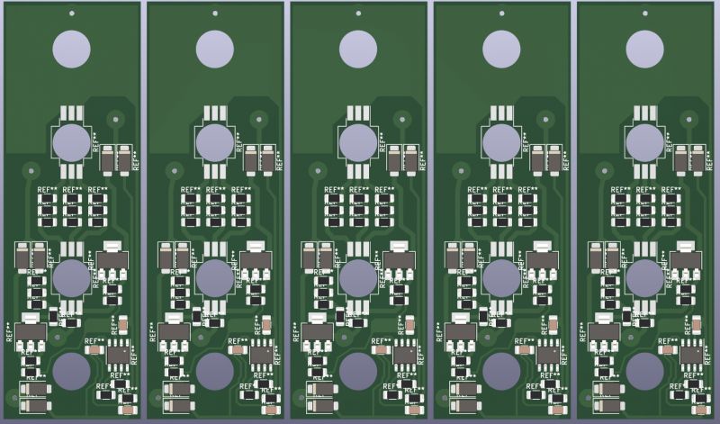 Szereg sześciu zielonych płytek PCB z różnymi komponentami elektronicznymi.