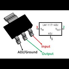 Pinout diagram of LM1117-ADJ LDO regulator labeled VIN, VOUT, and ADJ/GND