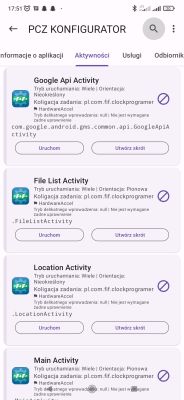 Zrzut ekranu z aplikacji PCZ Konfigurator pokazujący listę aktywności systemowych
