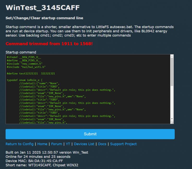 Screenshot of WinTest_3145CAFF software interface with startup command.