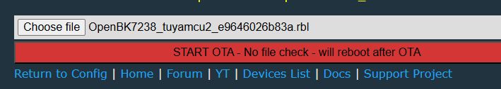 Screenshot of a web page with file selection and a red “START OTA” bar.
