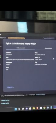 Zrzut ekranu programu antywirusowego pokazujący blokadę strony internetowej z powodu wykrycia trojana.