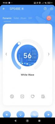 App interface for controlling SP548E device with options for dynamic, solid, music, and DIY modes.