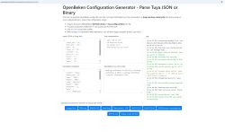 OpenBeken config generator with JSON input fields and a log panel on the right