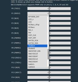 Screenshot of BK7231N/T pin configuration with a dropdown list; “ShutterA” is selected