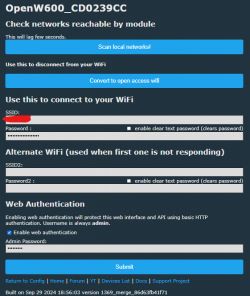 User interface for WiFi configuration with options for network scanning, connection, and authentication.