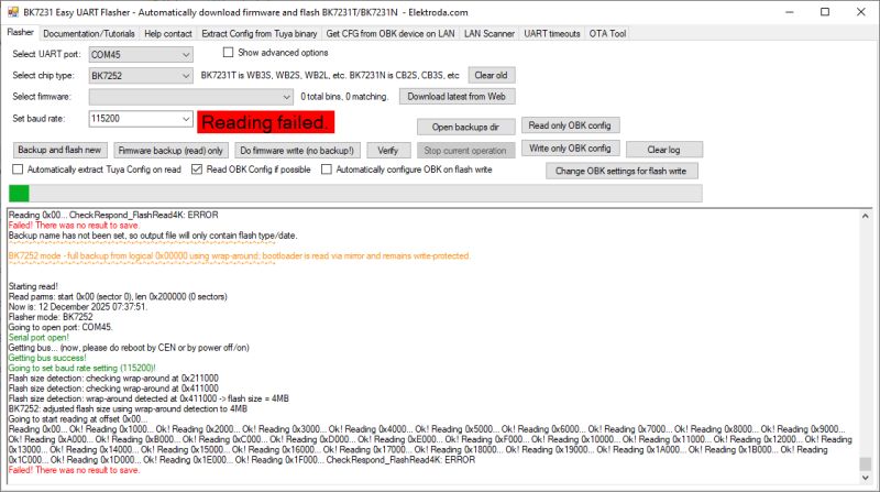 “Reading failed” error in BK7231 Easy UART Flasher interface
