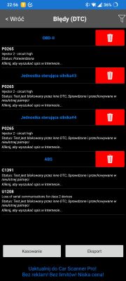 Zrzut ekranu z aplikacji diagnostycznej OBD-II pokazujący błędy DTC.