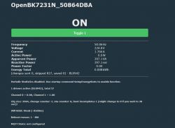OpenBK7231N control panel screen displaying frequency, voltage, current, and power information.