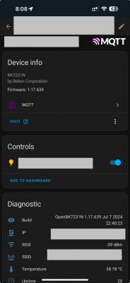 Home Assistant app interface displaying device information for BK7231N with lighting control.