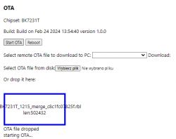 Screenshot of the OTA interface for BK7231T chipset with update options.