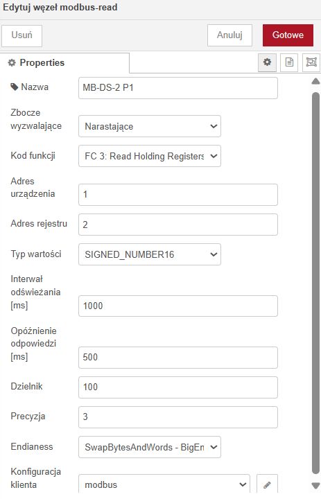 Zrzut ekranu formularza „Edytuj węzeł modbus-read” z polami konfiguracji Modbus