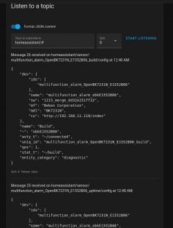 WebApp OpenBK screen showing MQTT messages about various sensors.