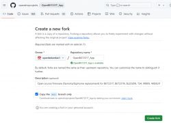 Creating a Fork on GitHub for OpenBK7231T_App GitHub screen for creating a fork of the OpenBK7231T_App repository.