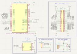 Zrzut ekranu z KiCad z fragmentem schematu: ESP32-S3, złącze IDC 2x20, RTC DS3231 i złącza czujników