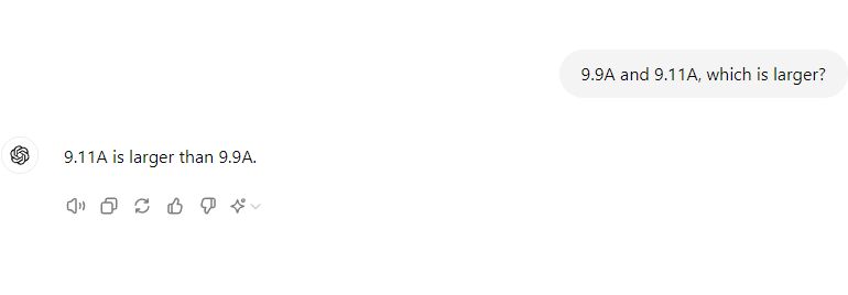 Zrzut ekranu z rozmowy z modelem AI, gdzie AI błędnie ocenia, że 9.11A jest większe niż 9.9A.