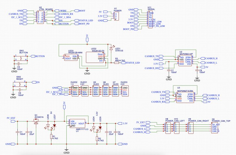 Electrical schematic of Kikimo FRNT1 board with component and connector labels