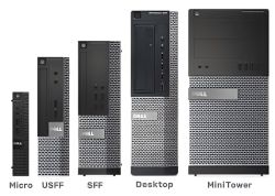 Pięć komputerów Dell w różnych rozmiarach: Micro, USFF, SFF, Desktop i MiniTower.
