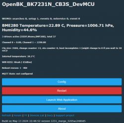 Screenshot of OpenBK_BK7231N_CB3S_DevMCU interface displaying BME280 sensor readings.