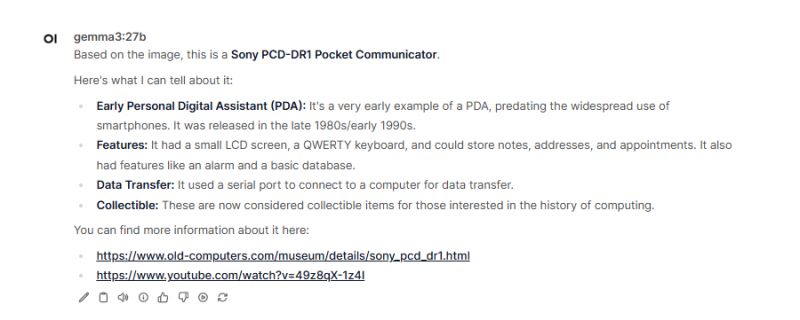 Description of Sony PCD-DR1 Pocket Communicator by Gemma 3 Screenshot showing a description of the Sony PCD-DR1 Pocket Communicator by Gemma 3.