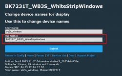 Device Name Change Form BK7231T Screenshot of device name change form with the full name BK7231T_WB3S_WhiteStripWindows highlighted.