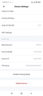 Screenshot of Sonoff device settings in the eWeLink app, showing options and detailed device information.