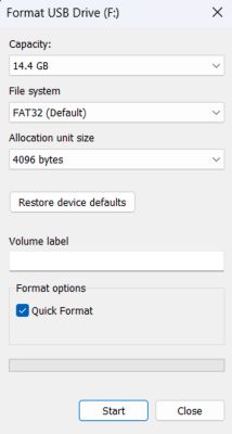 Format USB Drive (F window with FAT32 file system and Quick Format enabled