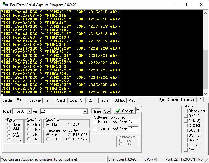 Screenshot of RealTerm showing RS485 logs with repeated “PING:216–226” messages and OK statuses.