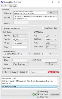Screenshot of AmebaZ2 PG Tool 1.2.47 Screenshot of the AmebaZ2 PG Tool 1.2.47 with flashing settings.