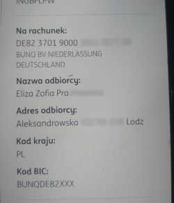 Zrzut ekranu danych przelewu: numer IBAN DE, odbiorca Eliza Zofia Pra, BIC BUNQDE82XXX.