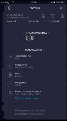 Zrzut ekranu z wynikami testu LTE sieci Play na iPhonie SE (2022)
