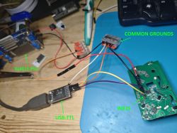 Preparing PCB for Programming View of a PCB with wires connected to a WB2S module.