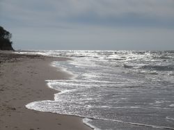 Piaszczysta plaża i pieniące się fale przy linii brzegowej pod pochmurnym niebem