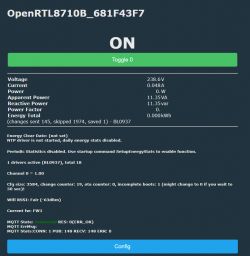 Screenshot of the OpenRTL8710B user interface showing the device in the on state with energy data and statistics.