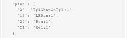 JSON code snippet with pin configuration.