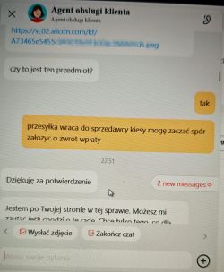 Zrzut ekranu z czatu z agentem obsługi klienta na AliExpress.
