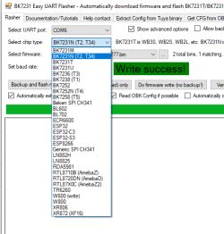 Screenshot of BK7231 Easy UART Flasher with chip-type dropdown open and “Write success!” message
